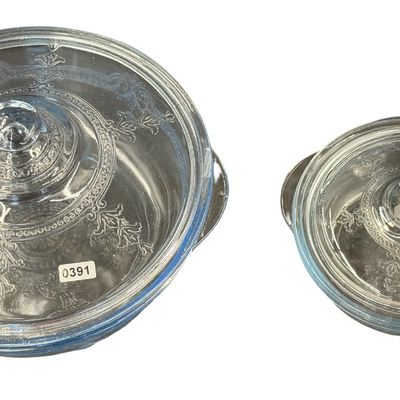 Vintage Anchor Hocking Fire-King "Philbe" Sapphire Blue Round Glass Covered Casserole Dish Sets with Matching Knob Lids - Set of 2