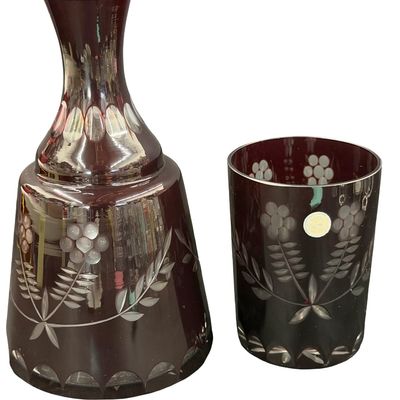 Vintage Bohemian Czech Cranberry Ruby Red & Clear Cut-To-Clear Glass Crystal Bedside Water Decanter Carafe & Tumbler Set