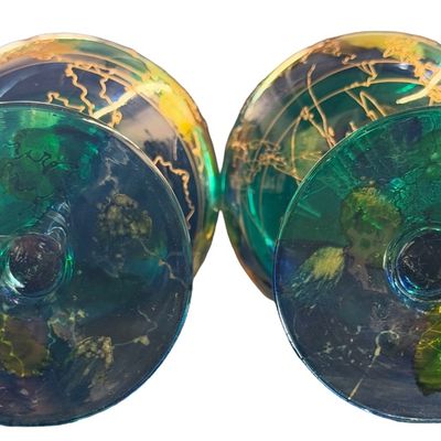 DISCONTINUED Monarch Crystal Lagoon Hand-Painted Balloon Wine Goblets in the "Rainforest" Blue-Green and Gold Accent Pattern