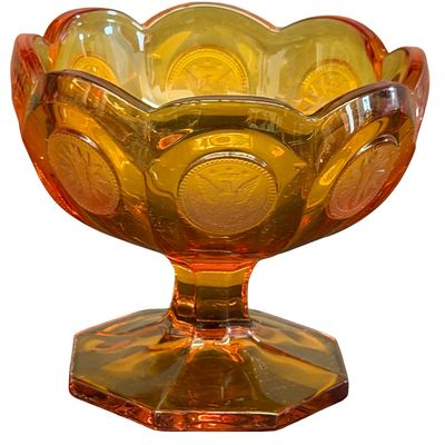 Vintage Fostoria Amber Coin Glass Candleholders Amber Glass Pedestal Compote or Jelly Dish with a Hexagon Base - Lot of 3