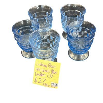 Vintage Light Blue Indiana Glass Whitehall Water Goblets in the Whitehall (or Cubist) Pattern (1960s - 1970s) - Set of 5