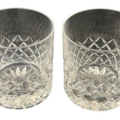 Vintage Cut-Crystal Double Old-Fashioned Whiskey Diamond Starburst Pattern Tumbler Set of 2