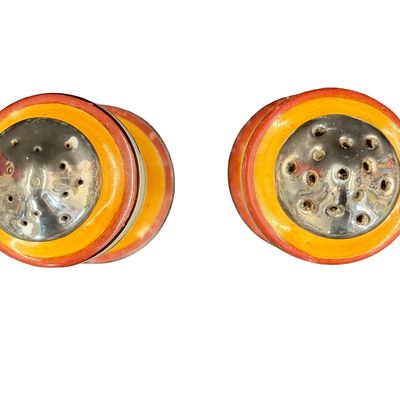 Vintage Set of Art Deco Hand-Painted Japanese Lusterware Ceramic Salt and Pepper Shakers featuring Orange and Floral Geometric Motifs