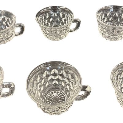 Vintage Fostoria American Clear Pressed Glass Punch Cups featuring a Geometric Cubist Diamond Pattern and D-Style Handles - Set of 6