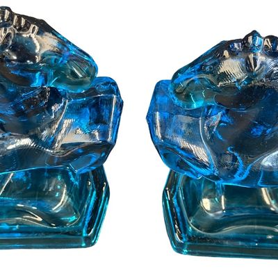 Vintage Set of Mid-20th Century L.E. Smith Aqua or Turquoise Blue Glass Rearing Horse Bookends