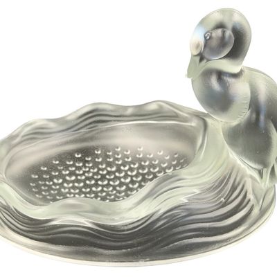 Vintage Art Deco Clear and Frosted Satin Glass Soap or Trinket Dish featuring a Stylized Oval Duck Tray or Bird Tray by Verlys for Fenton