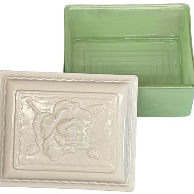 Vintage Anchor Hocking Fire-King Jadeite Green Glass Trinket or Jewelry Box featuring a Matching or Milk Glass/Vitrock Embossed Rose...