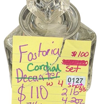 Fostoria Clear Glass Cordial Bottle with 4 Shot Glasses