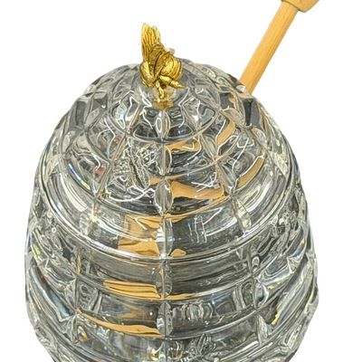 Vintage Crystal Honey Jar & Lid with Wood Spoon/Dipper Giftware Set