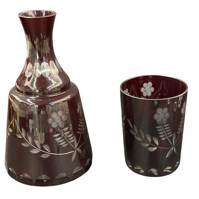 Vintage Bohemian Czech Cranberry Ruby Red & Clear Cut-To-Clear Glass Crystal Bedside Water Decanter Carafe & Tumbler Set