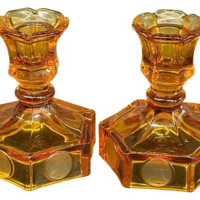 Vintage Fostoria Amber Coin Glass Candleholders Amber Glass Pedestal Compote or Jelly Dish with a Hexagon Base - Lot of 3
