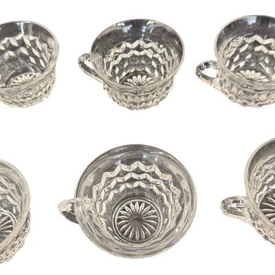 Vintage Fostoria American Clear Pressed Glass Punch Cups featuring a Geometric Cubist Diamond Pattern and D-Style Handles - Set of 6