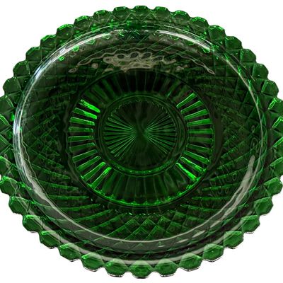 Vintage Anchor Hocking Waterford Forest Green Glass Platter featuring a Scalloped Edge and Textured Pattern