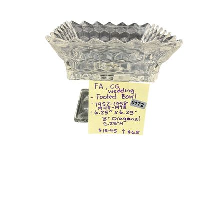 Vintage Fostoria American Clear Pressed Glass Square Footed Wedding Bowl - NO COVER