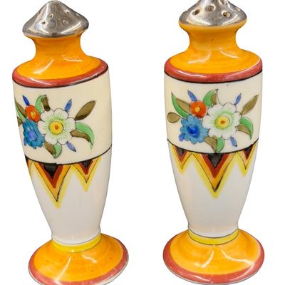 Vintage Set of Art Deco Hand-Painted Japanese Lusterware Ceramic Salt and Pepper Shakers featuring Orange and Floral Geometric Motifs