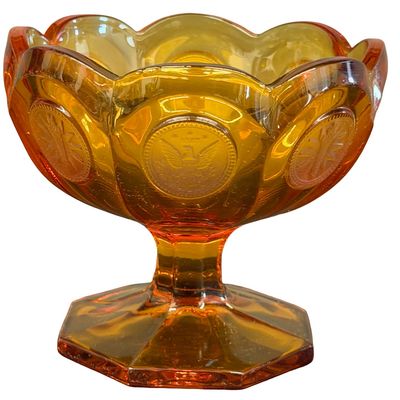Vintage Fostoria Amber Coin Glass Candleholders Amber Glass Pedestal Compote or Jelly Dish with a Hexagon Base - Lot of 3