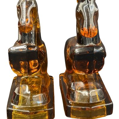 Vintage Set of Mid-20th Century L.E. Smith Amber Glass Rearing Horse Bookends
