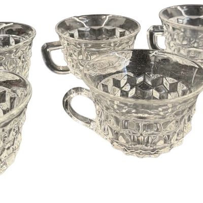 Vintage Fostoria American Clear Pressed Glass Punch Cups featuring a Geometric Cubist Diamond Pattern and D-Style Handles - Set of 6