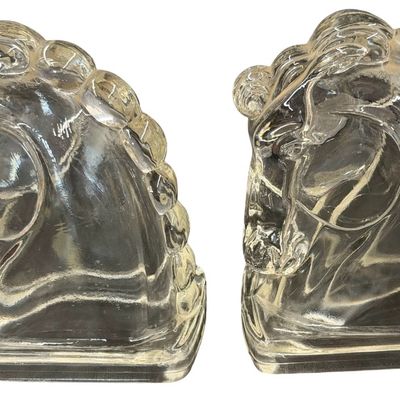 Vintage Federal Clear Pressed-Glass Horse Head Bookends
