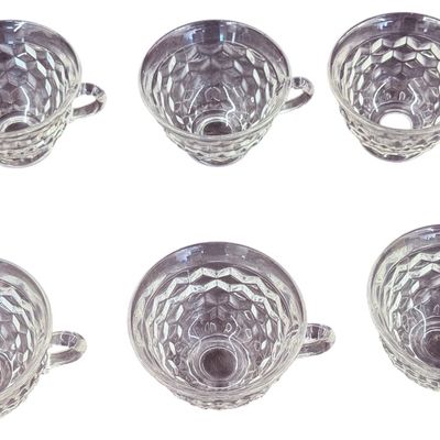 Vintage Fostoria American Clear Footed Tea Cup with Clear Rounded Handle - Set of 6