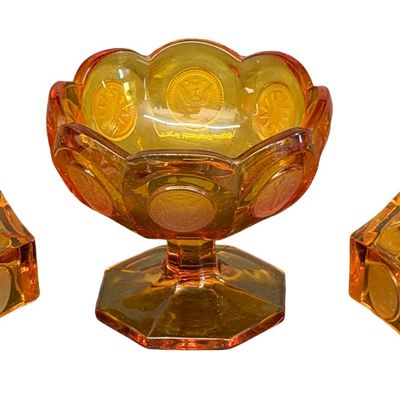 Vintage Fostoria Amber Coin Glass Candleholders Amber Glass Pedestal Compote or Jelly Dish with a Hexagon Base - Lot of 3