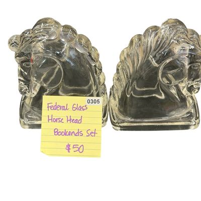 Vintage Federal Clear Pressed-Glass Horse Head Bookends
