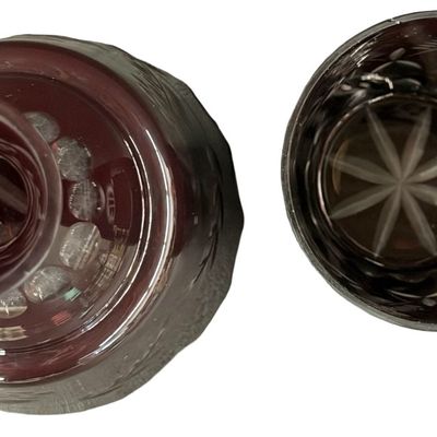 Vintage Bohemian Czech Cranberry Ruby Red & Clear Cut-To-Clear Glass Crystal Bedside Water Decanter Carafe & Tumbler Set