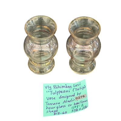 Vintage Bartlett Collins Glass Bud Vases With A Bulbous Shape And Gold Trim