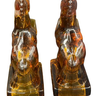 Vintage Set of Mid-20th Century L.E. Smith Amber Glass Rearing Horse Bookends