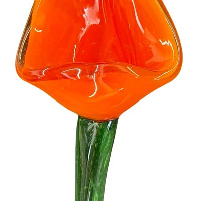 Vintage Hand-Blown Art Glass Handcrafted Orange Tulip Figurine with a Long Green Stem 16"
