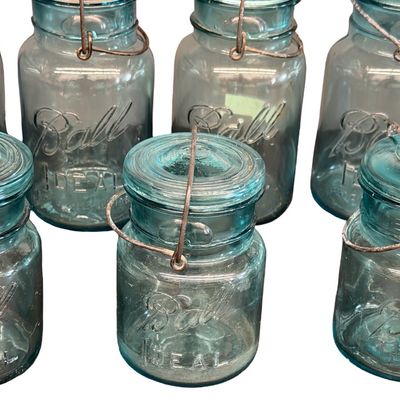 Vintage Ball Ideal Aqua-Blue Glass Wire-Bale Fruit Jars/Canning Jars featuring Embossed Lettering and Glass Lids - Lot of 9
