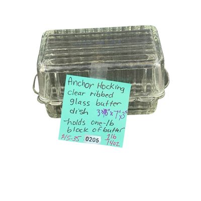 Vintage Anchor Hocking Clear Ribbed Glass Pound Butter Dish with a Matching Lid - Holds a one-pound block of butter