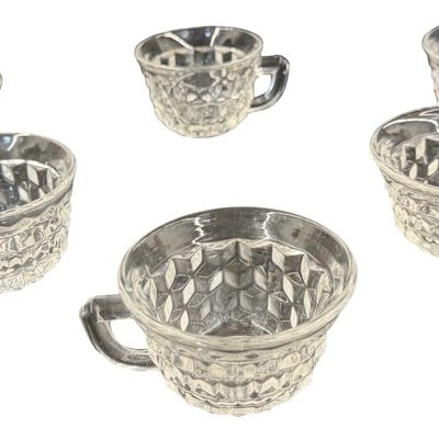 Vintage Fostoria American Clear Pressed Glass Punch Cups featuring a Geometric Cubist Diamond Pattern and D-Style Handles - Set of 6