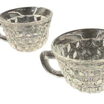 Vintage Fostoria American Clear Pressed Glass Punch Cups featuring a Geometric Cubist Diamond Pattern and D-Style Handles - Set of 6