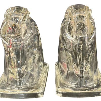 Vintage Federal Clear Pressed-Glass Horse Head Bookends