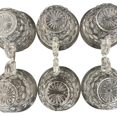 Vintage Fostoria American Clear Pressed Glass Punch Cups featuring a Geometric Cubist Diamond Pattern and D-Style Handles - Set of 6