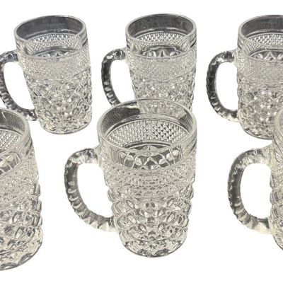 Vintage Anchor Hocking Wexford Clear Glass Mug featuring a Classic Criss-Cross Diamond and Textured Diamond-Point Pattern - Set of 6