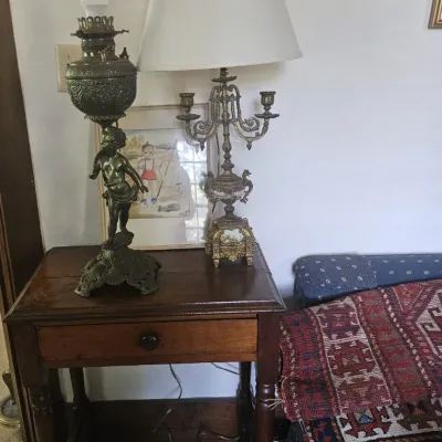 Sale Photo Thumbnail #48: Antique brass lamps, side tables and oriental rugs