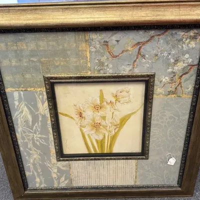 Large Framed Laurel Lehman Floral Wall Art  White Daffodils, 36” x 34” 