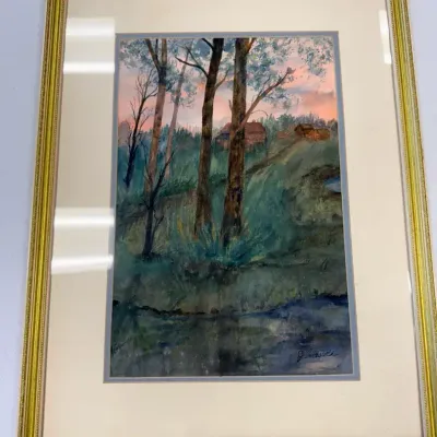 Original Signed Watercolor Landscape Painting Rural Farm Stream Gold Frame 25x20  