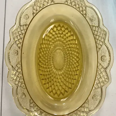 Vintage Amber Pressed Glass Oval Serving Bowl  Floral Border & Sunburst Pattern 