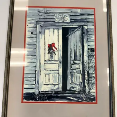 Vintage Signed Graham ’91 Framed Christmas Door Print Rustic Farmhouse Winter Wall Art  Description 