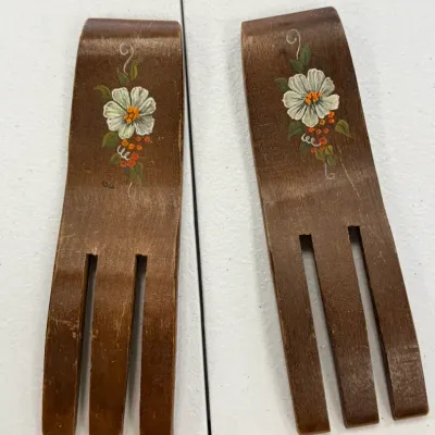 Vintage Hand-Painted Wooden Salad Serving Forks  Pair with Floral Folk Art Design 