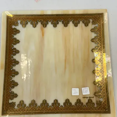 Vintage George Briard Faux Marble Glass Serving Tray Gold Scroll 12” Mid Century  Description  Elega