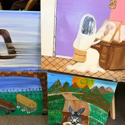 Whimsical Folk Art Paintings by Carmen Marie & James  Signed Original Acrylic Canvases (4)  Descript
