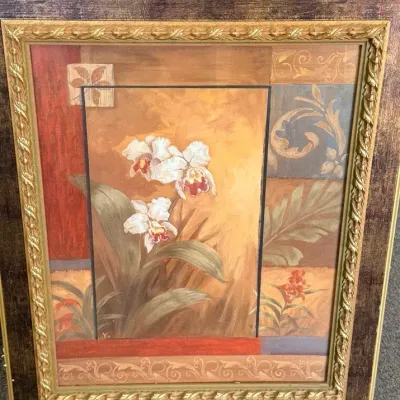 Contemporary “Viv” Signed Orchid Floral Painting in Ornate Framed Canvas, 28” x 36”  Description  Be