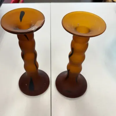 Pair of Satin Amber Art Glass Candlesticks with Black Pulled Feather Decoration  10” Tall 