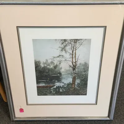 Framed Serene Lakeside Landscape Art Print in Silver Frame 