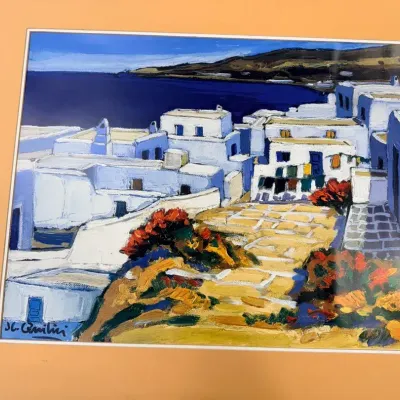 Large Framed Mediterranean Village Coastal Landscape Print Signed J.C. Bentivoglio