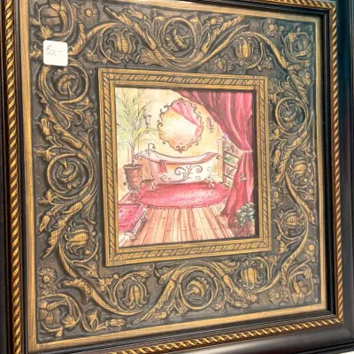 Framed Victorian Bathroom Decor Print with Ornate Antiqued Gold & Black Frame 